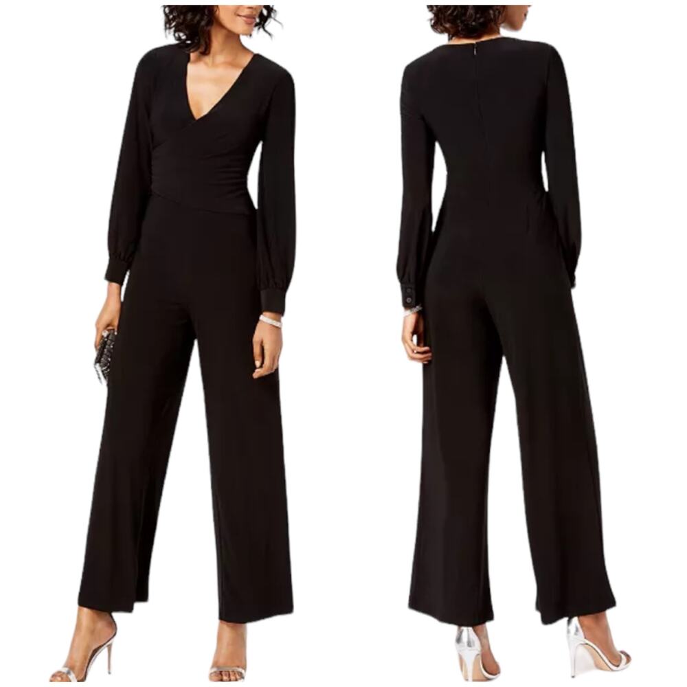 Adrianna Papell NWT Draped Surplice Matte Jersey Jumpsuit Black Size 10 Wide Leg
